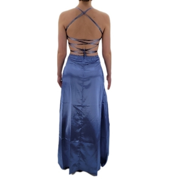 Periwinkle criss cross back full length prom dress w/ pockets size XS New - Picture 2 of 7
